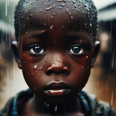 A close-up portrait of a young child standing in the rain, their face covered in raindrops. The emotional intensity in the child's eyes reflects a sense of innocence and vulnerability, set against a