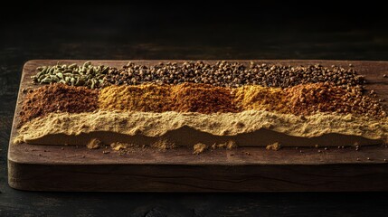 A bold composition array ground spices forming natural gradients across vintage wooden chopping board, featuring cumin, curry powder, ground cloves precise detail