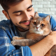 A young man embraces his fluffy cat indoors, both looking content and comfortable. The soft lighting and cozy atmosphere highlight the strong bond between the pet and owner, capturing a heartwarming