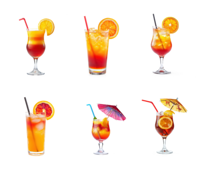 Collection of Tequila sunrise cocktail front view isolate on transparent background