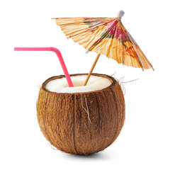 Coconut cocktail with small umbrella and Straw isolate on transparent background