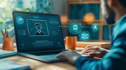 Person video conferencing on laptop, managing emails and tasks