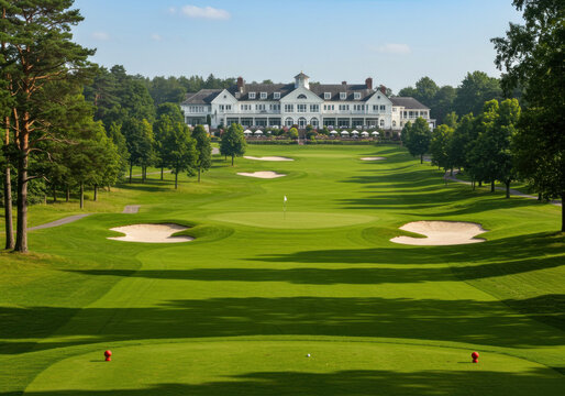 Golf course at The Lodge at Pinehurst, featuring lush green fairways, tall pine trees, and golfers teeing off on a sunny day with clear blue skies.