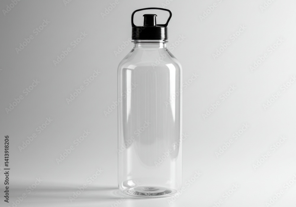 Poster a clear plastic bottle with a black lid and handle on a white background in a studio setting