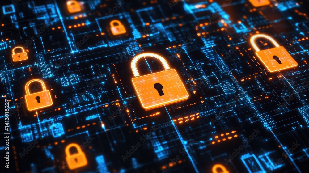 Poster abstract mobile device with glowing lock and encryption lines representing app security