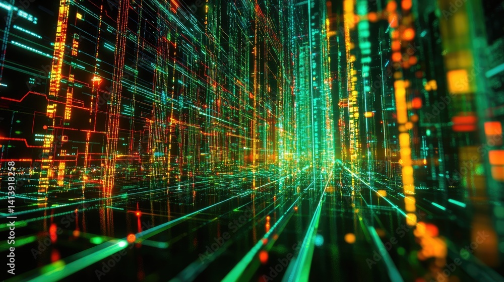 Poster abstract network connection lines overlaying digital city model showing transformation