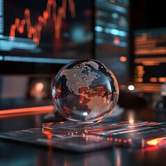 Global data analytics.  Crystal earth globe in a modern digital workspace, highlighted by glowing screens showing financial graphs and code