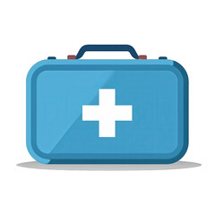 Obraz premium A vibrant blue first aid kit with a white cross symbol, placed on a clean surface, symbolizing health and safety, suitable for medical or emergency use in various contexts