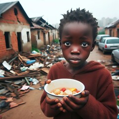A young child in a torn neighborhood holds a bowl of food, staring into the camera with a solemn expression. The scene captures poverty and hunger, highlighting the harsh living conditions in an urban