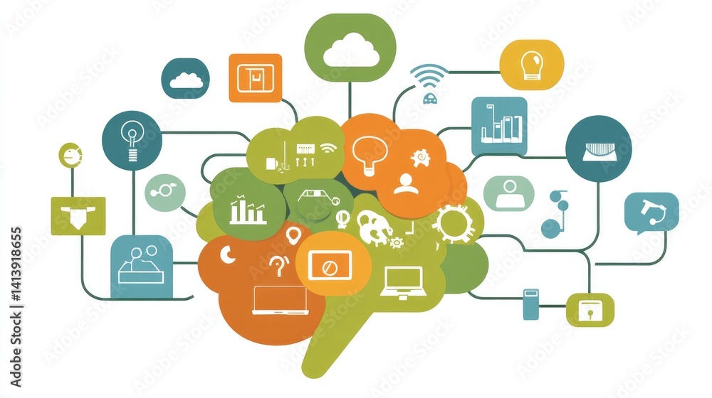 Poster ai brain connected with lines to cloud, automation, data, and computing nodes