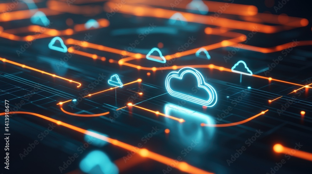 Poster ai brain connected with lines to cloud, automation, data, and computing nodes