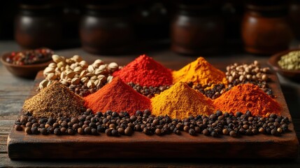 An artisanal display neatly organized spice piles, featuring rich, colorful paprika, cloves, coriander seeds, cumin, arranged symmetrically textured wooden board
