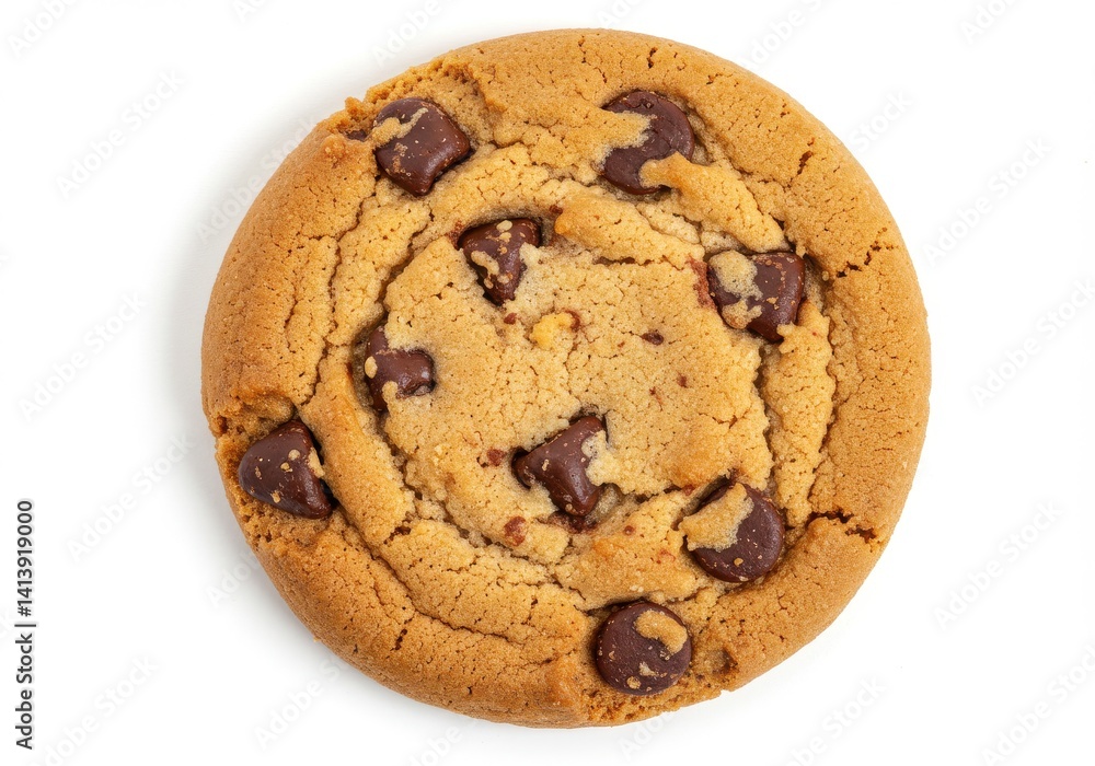 Poster a single chocolate chip cookie centered on a white background in a top down view close up shot