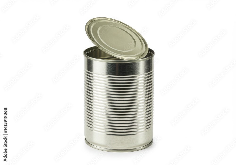 Poster an open metal can with a lid resting on top isolated on a white background in a studio shot