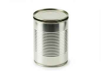 A single silver metal tin can with horizontal lines on a white background in studio lighting