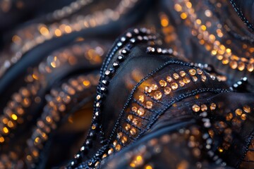 Obraz premium An ultra-detailed macro image interwoven silk threads forming complex pattern, enhanced bead-like embroidery details reflecting soft ambient light