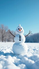 Obraz premium A cheerful snowman standing alone in the middle of a white snow-covered field under a clear blue sky, winter scenery, frosty landscape