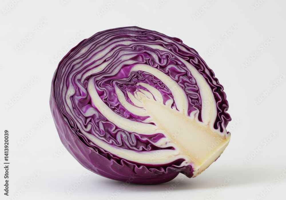 Poster a cross section of a red cabbage showing the internal layers on a plain white background close up vi