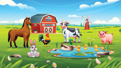 Farm with horse, cow, rooster, rabbit, duck and pig near pond in scenic countryside barnyard. Vector cartoon illustration