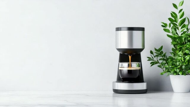 Modern coffee maker brewing fresh cup of coffee in a stylish kitchen setting with greenery in the background