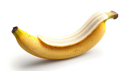 Partially Peeled Yellow Banana with Brown Spots on White Background