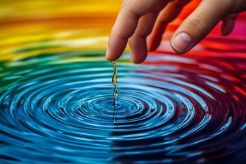 A fingertip creates ripples in a rainbow-colored water surface