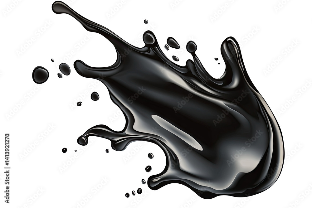 Poster dynamic splash of black liquid showcasing fluid motion and glossy texture against a white background