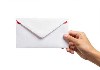 A hand holding a white envelope with a red interior against a white background in a studio shot