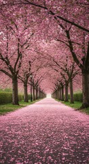 Walking Path Under Cherry Blossom Trees with Pink Petals