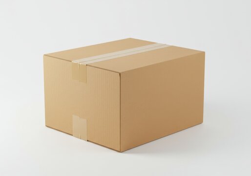 A single brown cardboard box sealed with tape sitting on a plain white surface in a studio shot