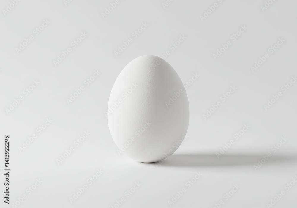 Poster a single white egg standing upright on a white surface with a soft shadow behind it in studio light
