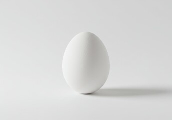 A single white egg standing upright on a white surface with a soft shadow behind it in studio light