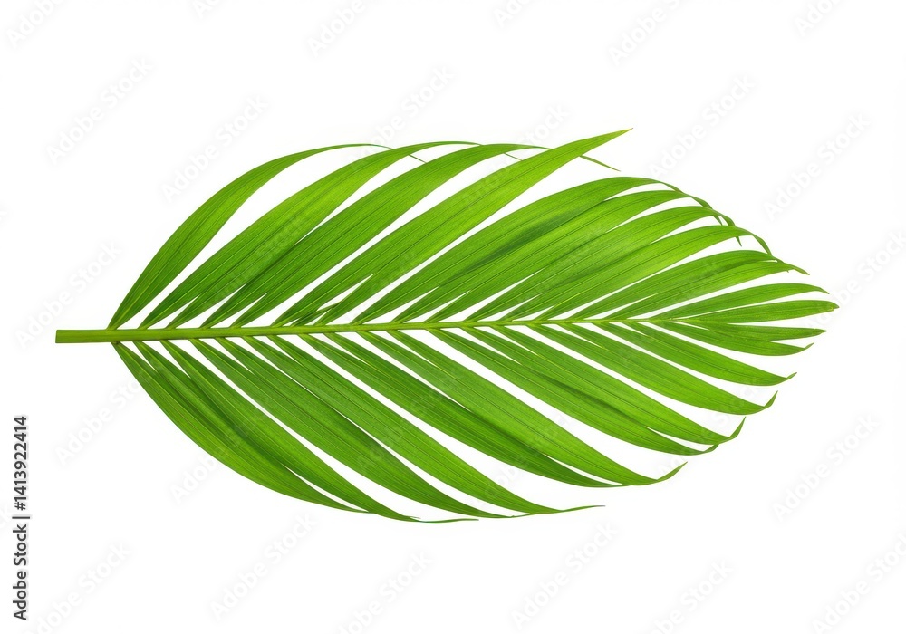 Poster isolated green palm leaf with visible veins on a white background in a studio shot setting