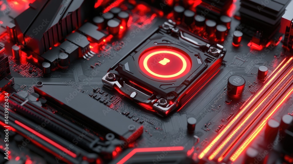 Poster computer motherboard with integrated digital lock symbolizing secure hardware encryption