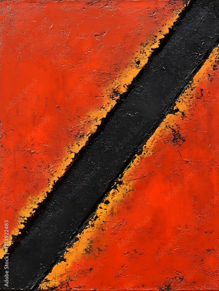 Poster diagonal divide abstract painting on canvas with textured orange and black