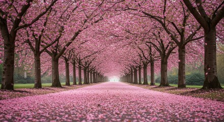 Walking Through Cherry Blossom Trees Alley with Pink Petals