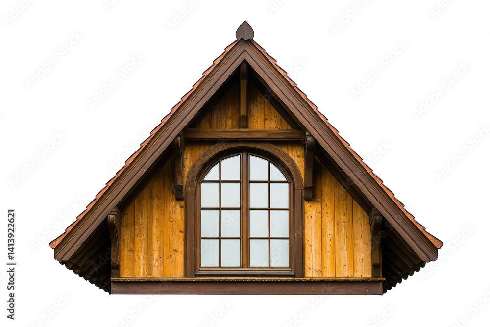 Poster a wooden gable end featuring an arched window showcasing a warm rustic design the structure emphasiz
