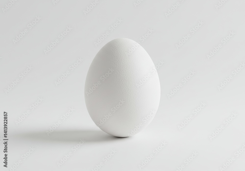 Poster a single white egg standing upright on a plain white surface in a studio setting with soft lighting