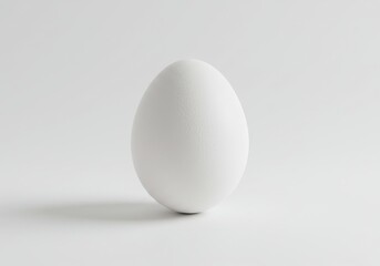 A single white egg standing upright on a plain white surface in a studio setting with soft lighting