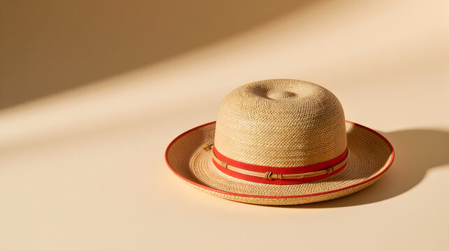 Handcrafted Assamese jaapi hat with red border on textured beige surface under soft spotlight - Rongali Bihu