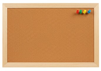 Cork board with wooden frame and colorful push pins attached to the top right corner of the board