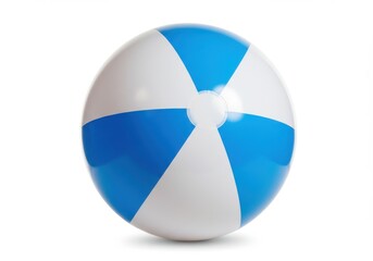 A beach ball with blue and white panels is isolated against a white background in a studio shot