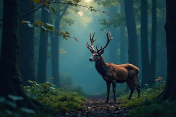 Dark forest background with majestic deer head in spotlight, nature, wildlife