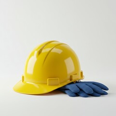 Yellow Hard Hat and Blue Work Gloves on White Background