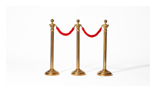 Two Golden Stanchion with red rope isolate on transparent background