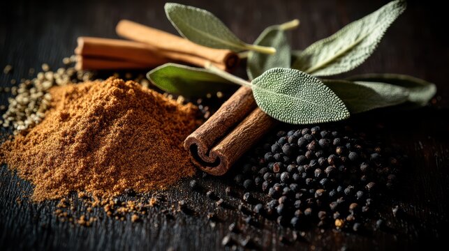 A dark wooden background showcasing finely ground coriander, cinnamon dust, dried sage, black cumin seeds, creating rich, textural contrast under moody lighting
