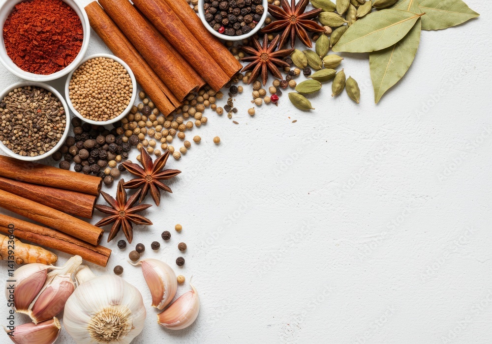 Poster assorted spices and herbs arranged on a white surface creating a visually appealing composition