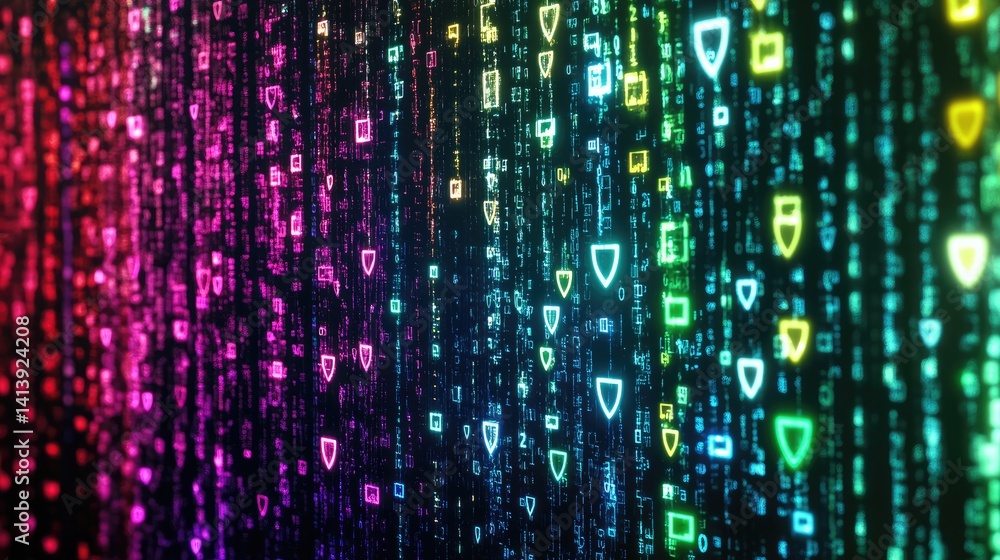 Poster data protection concept with layered shield icons over abstract background of digital data streams