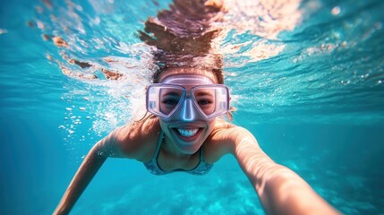 Naklejka premium Underwater Selfie: A Smiling Woman's Underwater Adventure