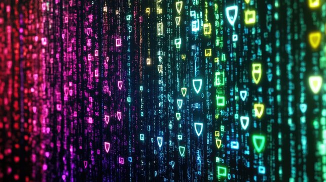 Data protection concept with layered shield icons over abstract background of digital data streams